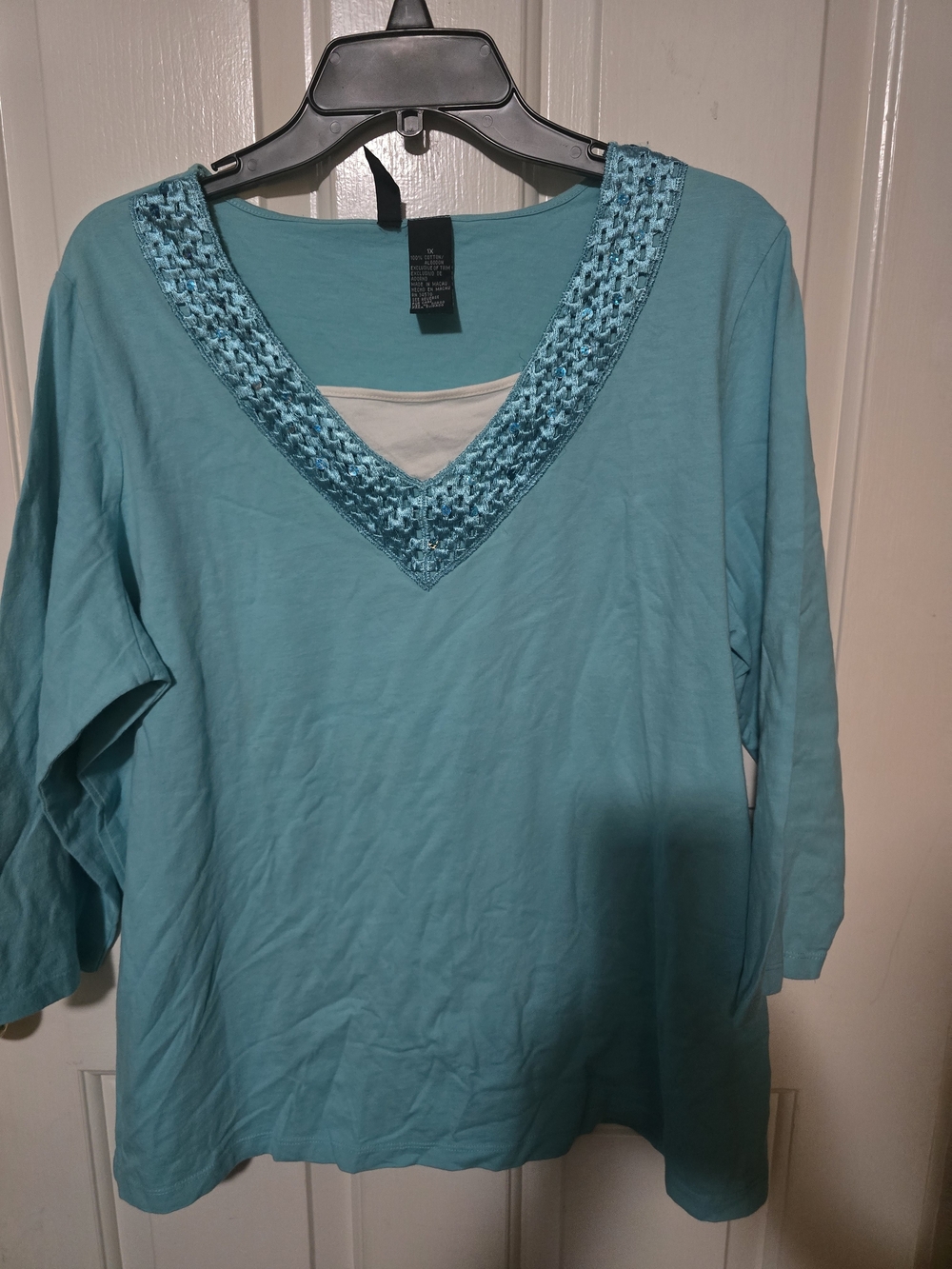 Jason Maxwell Aqua V-Neck Embellished Long Sleeve Top